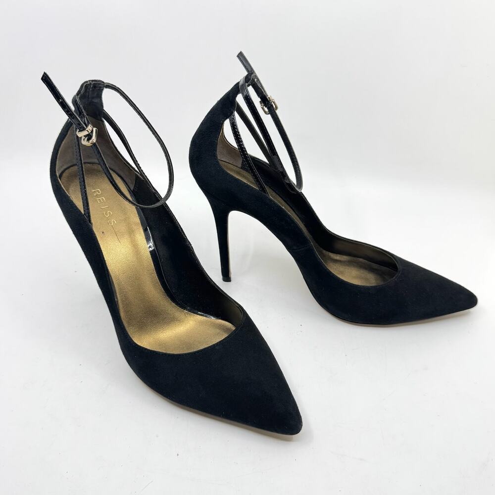 REISS Black Suede Pointed-Toe Ankle Strap Stiletto Pumps